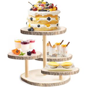 GENMOUS 4 Tiered Round Cake and Cupcake Stand Combo for Birthday Party Decor, Rustic Wooden Cupcake Tower Stands for 50 Cupcakes, Farmhouse Cupcake Tier Stand Display for Wedding Baby Shower Tea Party