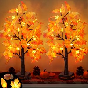 2 Pack 24 Inch Prelit Fall Maple Tree Fall Thanksgiving Decorations with 48 LEDs Battery Operated Timer Lighted Acorn Maple Artificial Tabletop Light Up Tree for Home Indoor Thanksgiving Table Decor