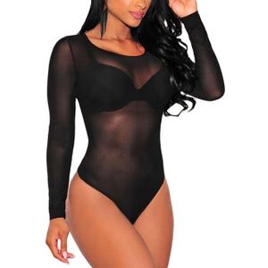 SEBOWEL Women Long Sleeves Mesh See Through Jumpsuit Bodysuit Top Leotard (Black, M)