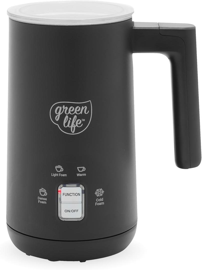 GreenLife Ceramic Electric Milk Frother, 10oz, 4-in-1, Auto Hot and Cold Foam, Dense and Light Foam, PFOA and PFAS Free, Cordless Milk Warmer and Steamer for Latte, Coffee, Black