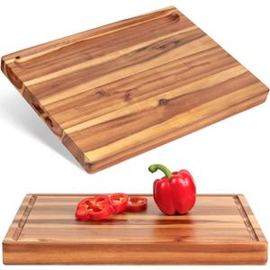 Acacia Wood Cutting Board (17x13x1.5in) and Wooden Butcher Block, Chopping Board - Reversible Multipurpose For Meat, Cheese Board, Vegetables, Bread...with Juice Groove, Cracker Holder & Inner Handles