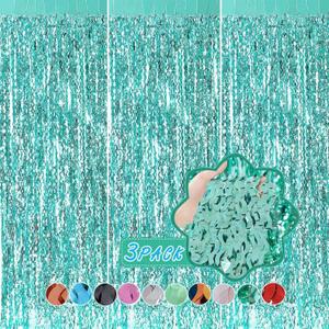 3 Pack Teal Aqua Blue Wave Foil Curtains - 3.3 ft x 6.6 ft Tinsel Metallic Streamers for Photo Booth Birthday Wedding Girl Princess Bachelorette Euphoria Theme Party Decorations