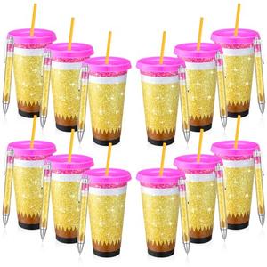12 Set Christmas Teacher Appreciation Gift Bulk Including 24 oz Reusable Pencil Plastic Coffee Cup with Lid Straw Teachers Employee Appreciation Gifts with Glitter Pen for Teacher Team (Classic)