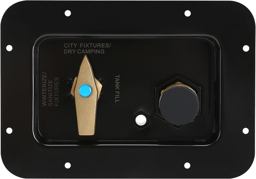 Haoguo RV Water Service Panel with 4 Function, 3 Position Brass Valve, Black Metal Mounting Panel for Durability, Built-in Sealing Ring to Reduce Leakage, Ideal for Control Your RV Water System