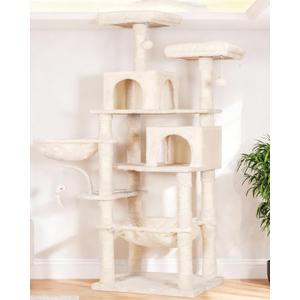 Heybly Cat Tree, 70 inches Tall Cat Tower Condo with Toy for Indoor Large Cats, Cat House Furniture with Padded Plush Perch, Cozy Hammock and Sisal Scratching Posts, Beige HCT032M