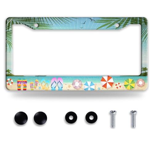 Beach Flip Flops License Plate Frame Funny Seaside License Plate Frames Stainless Steel Accessories Cars Decor with 2 Holes and Screws Fits Standard Us Ca Vehicles License Plate Holder 12.2 X 6 Inch
