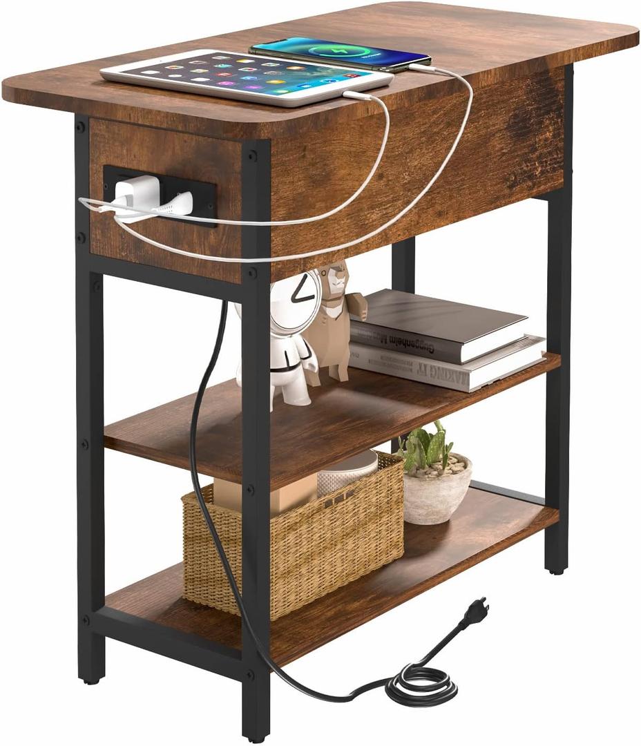 Yoobure End Table with Charging Station, Flip Top Side Table with USB Ports and Outlets, Sofa Couch Table Bedside Table for Living Room Bedroom, Narrow Nightstand with Storage Shelves for Small Space (Berry Brown)