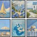 6Pcs Coastal Canvas Wall Art Blue Seaside Beach Posters Prints Nautical Ocean Sailboat Hydrangea Pictures Paintings Wall Decor for Girls Bedroom Dorm Apartment Home Decoration 8''x10'' Unframed