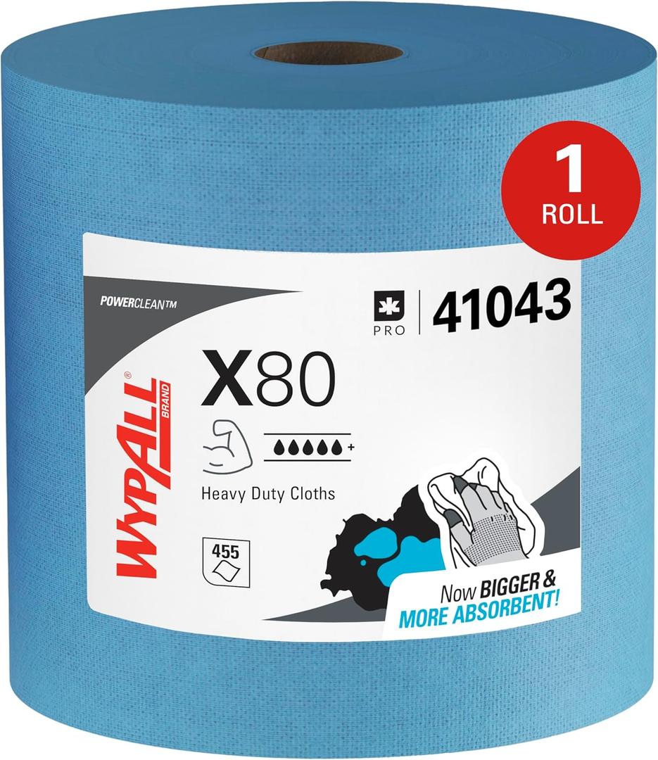 WypAll PowerClean X80 Cloths Heavy Duty Wipes (41043), Jumbo, Extended Use Towels, Blue (1 Roll of 455 Sheets, 455 Sheet Total)