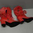 sexytag Fringe Cowboy Boots Rhinestone Embellishments Mid Calf Cowgirl Boots Turquoise Flower Studded Western Booties, 10, Red