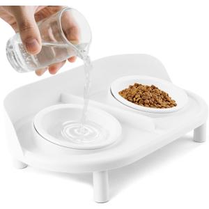 Elevated Cat Bowls, Tilted Rised Cat Food and Water Bowl with 2 Pcs Ceramic Pet Bowls, Rised Stand, Pet Dish Anti Vomiting Feeding Station for All Sized Cats & Small Dogs (White)
