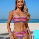 ZAFUL Women's 4 Piece Swimsuit with Fringe Bikini Cover Up Boho Swimwear | Striped Bathing Suit with matching cover up, Boho Swimsuit, Bandeau Top, High Cut Bottom (Pink) Large