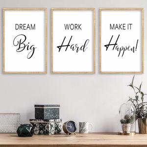 Motivational Positive Sign Wall Decor 24x16 Inch Office Set Of 3 Wood Framed Large Inspirational Quotes Living Room Home Wall Art Dream Big Work Hard Make it Happen women Hanging (Wood) (24L" x 16W")