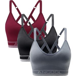 ANGOOL Strappy Sports Bra for Women, Longline Medium Support Yoga Bra Wirefree Padded Sports Bra with Adjustable Straps (Large)