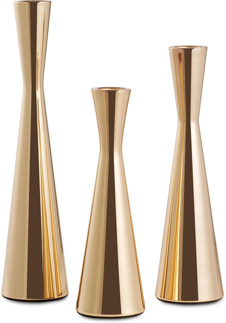 3 PCS Taper Candle Holders Set, Gold Vintage Candlesticks for 3/4 Inch Candles with Wedding Dining Table Centerpiece Decor and Fireplace Mantel Housewarming Gift (9625)