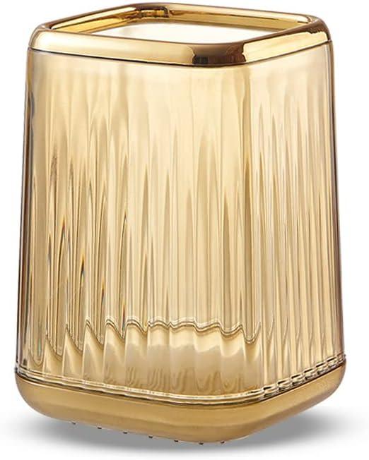 Makeup Brush Holder Organizer for Vanity, Acrylic Gold Make Up Brushes Holders Container Storage Cup with Striped Design for Bathroom Countertop, Pen Pencil Holder Cosmetic Cup for Desk (Square)