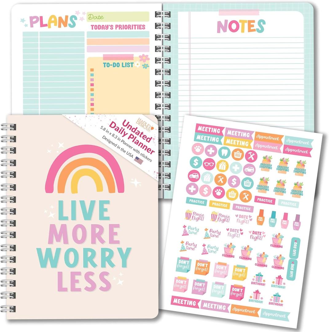 Hadley Designs Daily Planner Undated with Notes - To Do List Notebook for Work, Daily To Do List Planner Notebooks for Work, Spiral Undated Planners with Hourly Schedule Organizing Notebook
