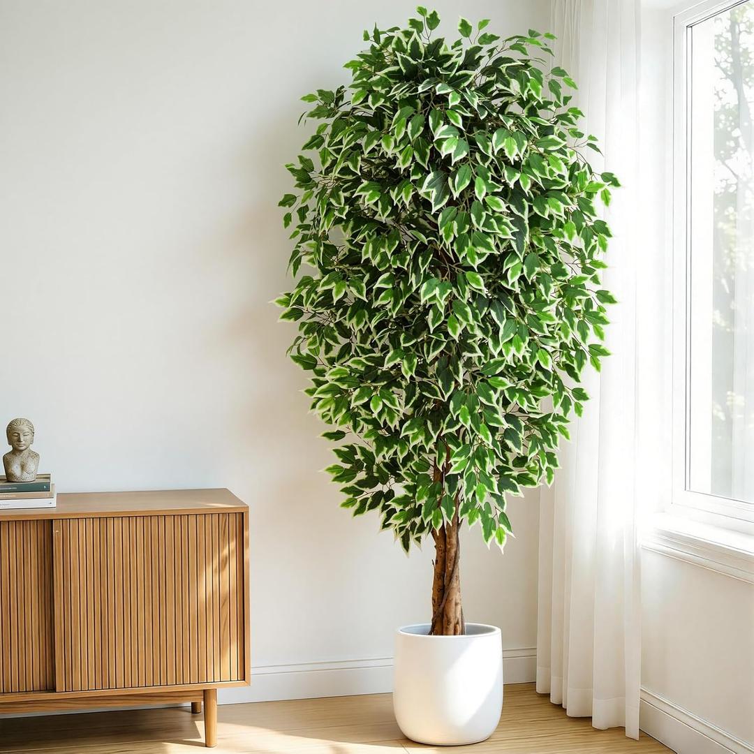7ft Large Ficus Artificial Trees with Natural Curved Trunks, 84" Tall Lush Faux Tree for Home Decor Indoor, Green Lifelike Fake Ficus Tree 1pcs