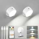 LED Wall Mounted Lights, Rechargeable Wall Sconces Lamp, 3 Color Temps & Remote and Touch, 360Rotation Dimmable Cordless Wall Light for Study Bedroom Reading Bedside(White, 2 Pack)