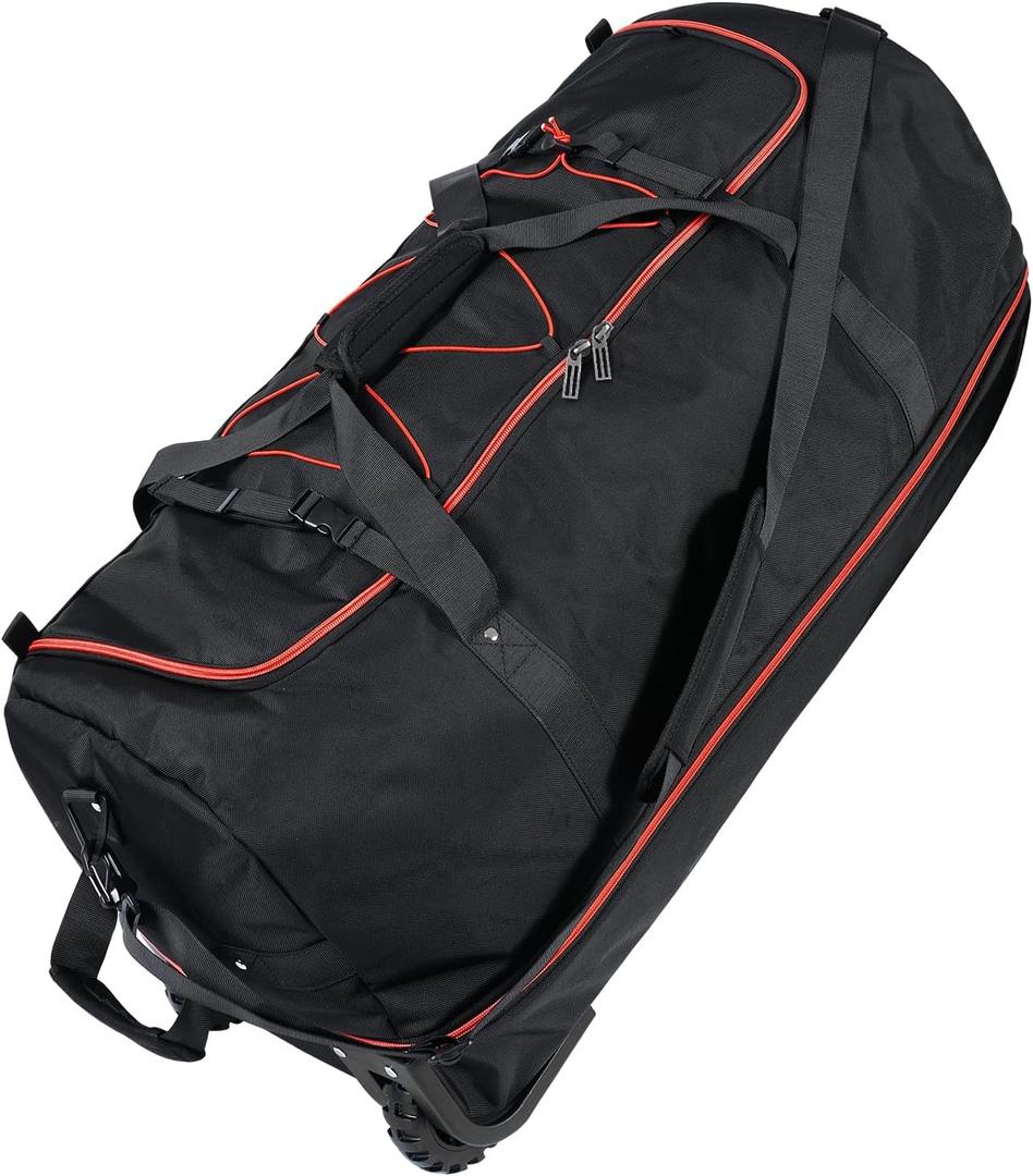 110L Expandable to 140L 32 Foldable Oxford Soft-Sided Rolling Duffle Bag with 2 Heavy-Duty Wheels,3 Large Compartments,Adjustable Shoulder Strap and Attached Organizer Pouch,Black Red