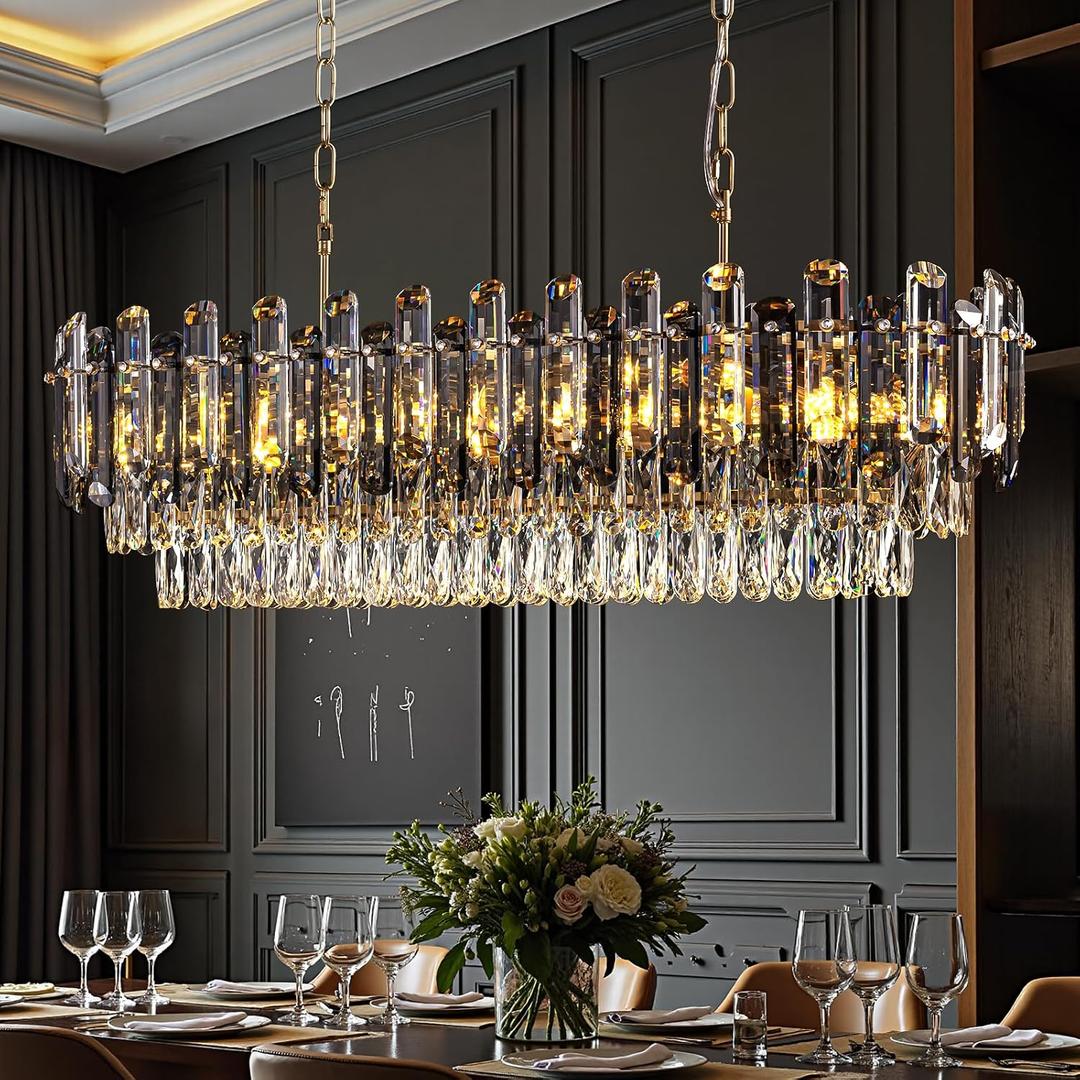 40" Rectangular Crystal Chandelier, 15-Light Smoke Grey K9 Crystals with Gold Frame, Adjustable Height Dining Room Light Over Table for Kitchen Island Living Room