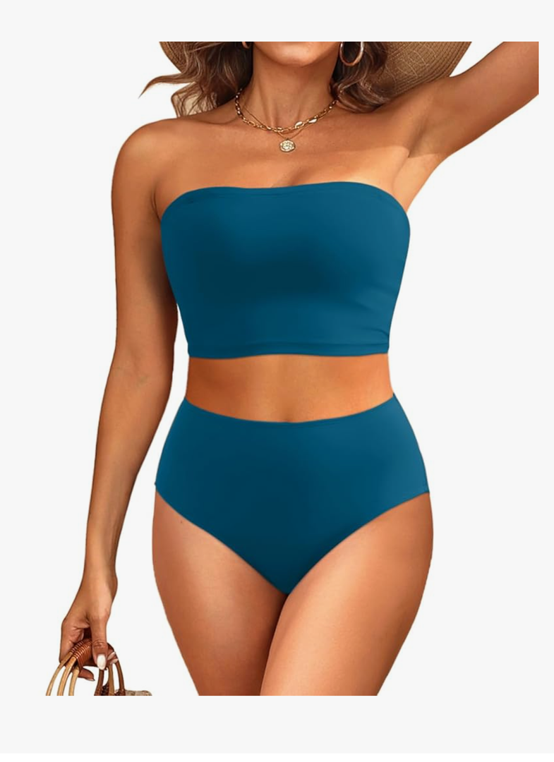 Tempt Me Women Bandeau Bikini Set Strapless High Waisted Two Piece Swimsuit Longline Bathing Suits, size 14w