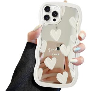 Jusy Compatible with iPhone 12 Pro Case with Wavy Edge, Cute White Heart Mirror Curly Phone Cases, Shockproof Hard PC & Soft TPU Bumper Protection Cover for Women Girls