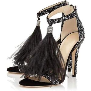 Women's Tassels Rhinestone Heeled Sandals Wedding Dress White Sandals Stiletto Heel Pearl (11, Black)