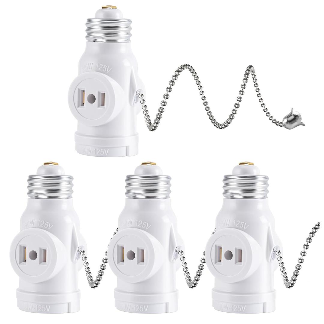 DiCUNO E26 Light Socket to Plug Adapter, 2 Polarized Outlet Bulb Splitter, UL Listed, Pull Chain Switch Control Light Bulb, Standard (Medium) E26 Base to 2-Prong Outlets Converter, White, 4-Pack