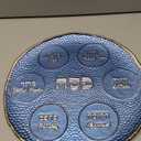 Rite Lite Blue Pebble Glass Seder Plate  Elegant Round Passover Plate with Silver Accents, Hebrew & English Labels, 12" Handcrafted Dish for Table Decor & Pesach Holiday Gift