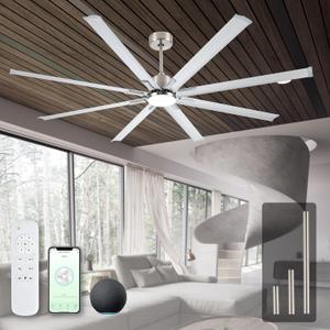 84 Inch Industrial Ceiling Fans with Light,Large Ceiling Fan with Modern 8 Aluminum Blades,Compatible with Alexa,Noiseless DC Motor,Black Outdoor Fan for Garage or Pool area