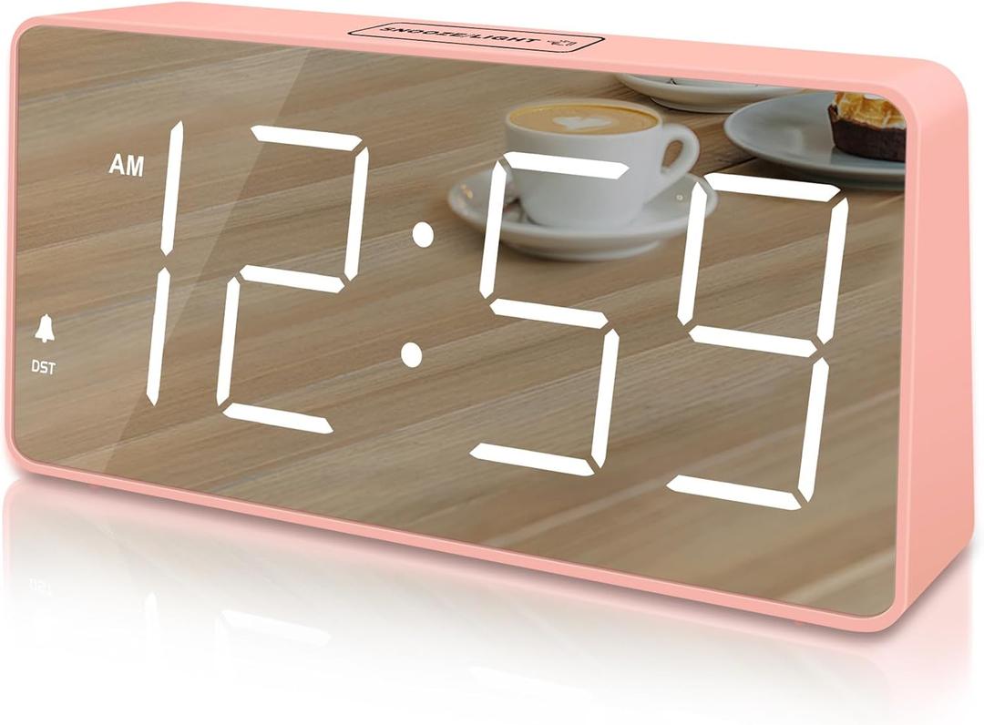 Peakeep Digital Clock, Alarm Clock Battery Backup Powered for Bedrooms - Mirror Face Large Numbers 6 Dimmers for Seniors, Super Loud for Heavy Sleepers (Pink)