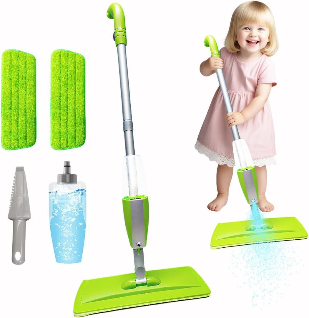 Kids Spray Mop Fun&Functional Toddler Cleaning Set Kids Mop with Real Water Sprayer Bottle Washable Pads Pretend Play Montessori Housekeeping Gifts for Toddlers Kids Girls Boys(Green)
