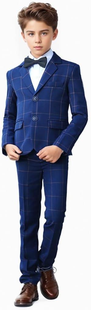 Boys Suit Set Formal Dress Shirt with Bowtie Vest Pants Toddler Boy Tuxedo Suits (14 Years, Navy Blue Plaid)
