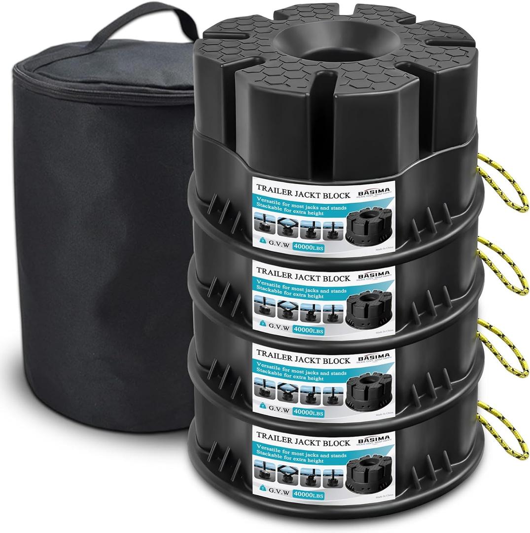Trailer Jack Blocks Set of 4 – Basima RV Leveling Blocks, Heavy-Duty Universal-Fit Stackable 6" RV Stabilizer Blocks for 5th Wheel, Camper, Travel Trailer, and Tongue Jacks with Carrying Bag, Black