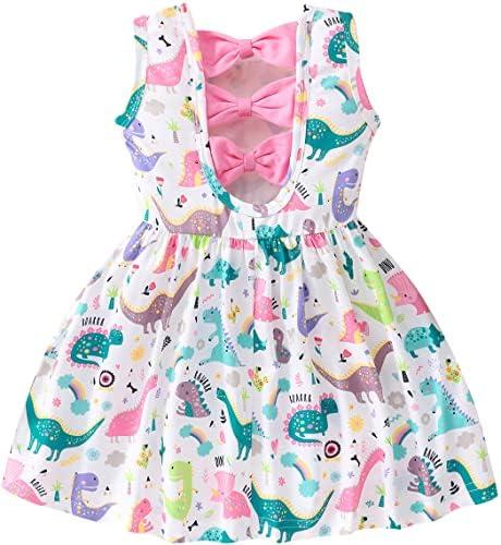 Popshion Toddler Summer Dresses for Girls Leopard Print Dress Back Bowknot Dress Dinosaur Clothes Kids Sleeveless Sundress,3-4Y