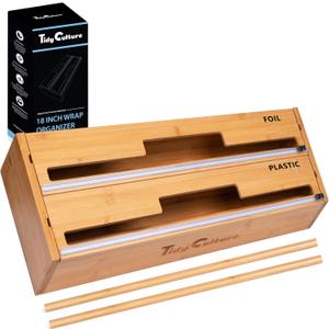 18 Inch Large Foil Wrap Dispenser with Cutter, 2 in 1 Aluminum Butcher Parchment Paper Freezer Tin Wax Cling Foil Plastic Wrap Organizer for Kitchen Drawer Bamboo Saran Storage Roll Holder
