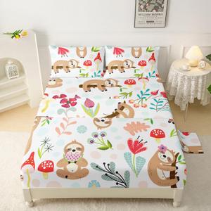 QOOMO Kawaii Sloth Print Kids Fitted Sheet Set, Cute Animal Bedding Set Full Size for Boys Girls, Cooling Breathable Botanical Flowers Sheet Sets,1 Fitted Sheet, 1 Flat Sheet, 2 Pillow Cases