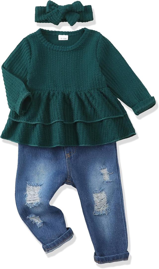 Renotemy 2t-3t Toddler Girl Clothes - Fall Winter Outfits - Green Cowgirl Jeans Pants Set Size 2t 3t - Rib Knit (Green)