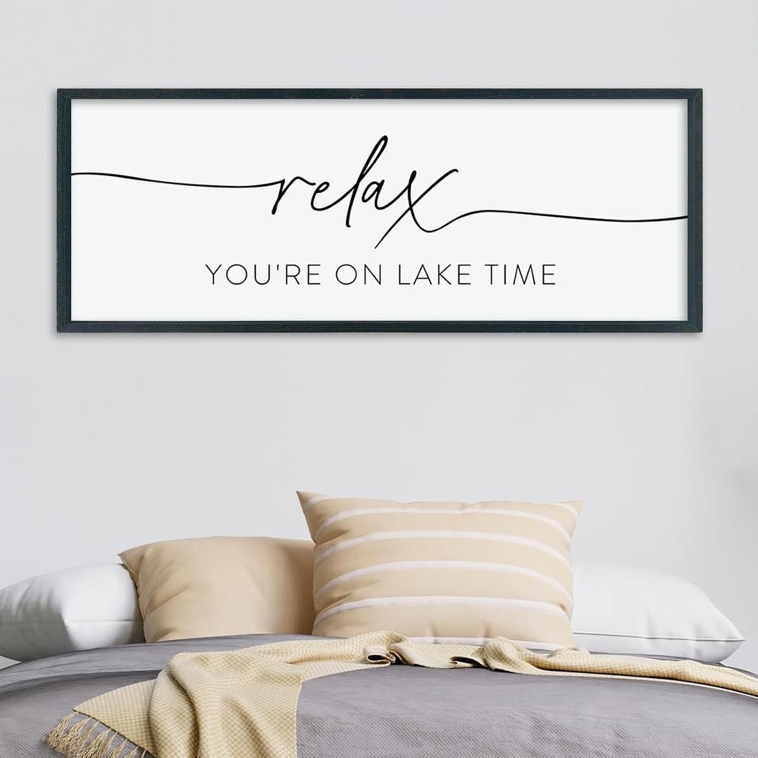 LuZhiQiang Home Wall Decor Relax You're On Lake Time Sign 40"15" Living Room Minimalist Plaque for Lake House Bedroom Large Wood Framed Hanging Wall Art (Black)
