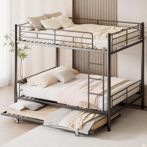 Full Over Full Bunk Bed with Trundle, Heavy Duty Metal Bed Frame with Full-Length Guardrails & Ladder, 3-in-1 Convertible Full Bunk Bed, Noise-Free, No Box Spring Needed, Black Full Over Full Bunk Bed with Trundle, Heavy Duty Metal Bed Frame with Full-Length Guardrails & Ladder, 3-in-1 Convertible Full Bunk Bed, Noise-Free, No Box Spring Needed, Black