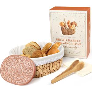 Bread Warmer Basket with Stone - Large Bread Baskets for Serving/House Warming Gifts New Home for Men/Kitchen Gifts for Bakers Hostess