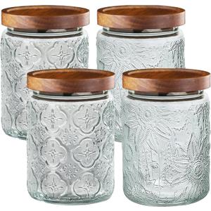 4-Pack 24 OZ Vintage Glass Jar with Lid, Airtight Food Storage Canisters with Bamboo for Kitchen Counter Pantry, Ideal for Coffee, Candy, Tea, Oats, Sugar, Cookies Decorative Jars (24oz-2Sunflower+2Begonia)