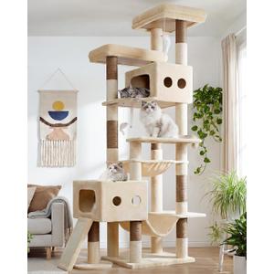 Globlazer Multi-Level Tall Cat Tower 83 inch Sturdy Extra Large Heavy Duty Cat Tree for Indoor Large Adult Cats Kittens with 2 Cat Condo, 8 Scratching Post, 2 Hammock, S83G, Beige