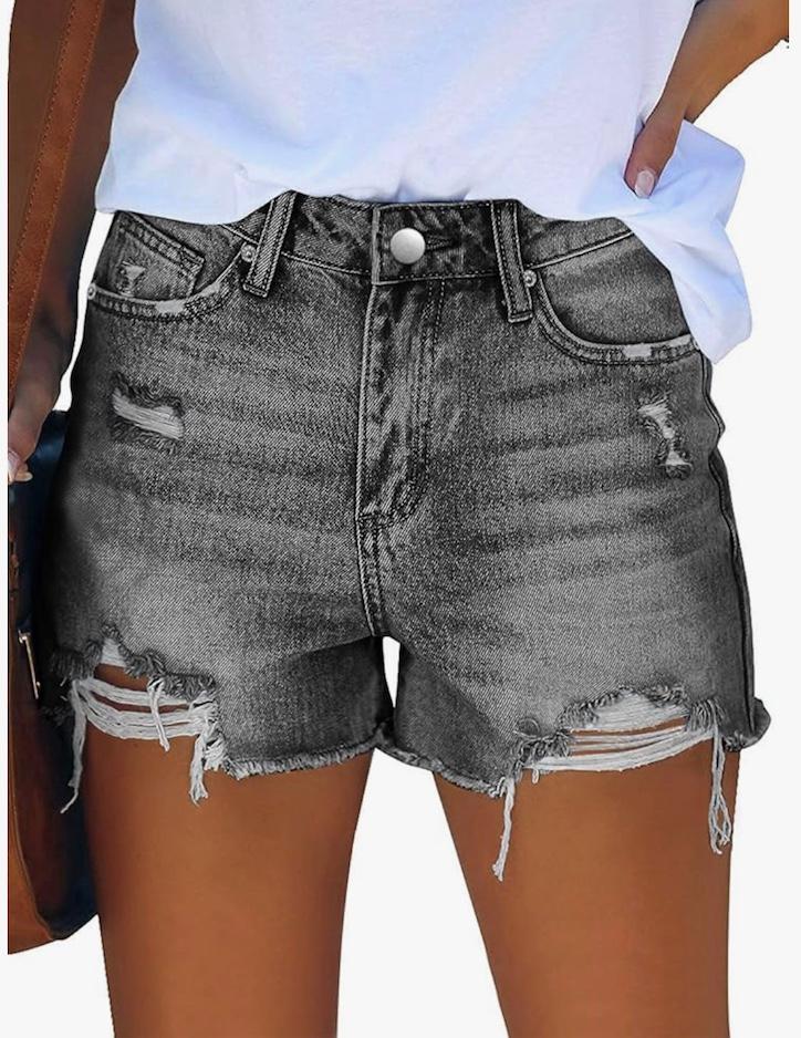 Womens Mid-High Waisted Ripped Denim Jean Shorts Cutoff Stretchy Summer Hot Short Pants, Medium