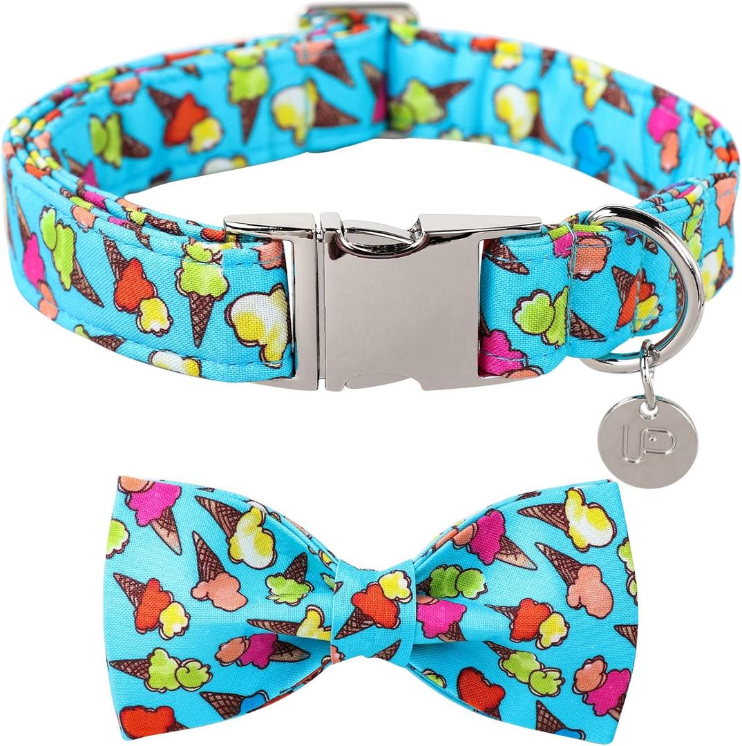 Summer Dog Collar with Bow Tie, Cotton Cute Bowtie Collar, Comfortable Blue Collar with Metal Buckle, M