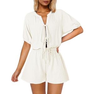 Fixmatti Women Summer Romper - Self Tie V Neck Casual Jumpsuit (Medium, Light White)