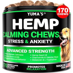 YUMA'S Hemp Calming Chews for Dogs - Advanced Dog Calming Chews - 170 Chews - Anxiety Relief Treats - Separation Aid, Barking, Stress Relief, Thunderstorms - Melatonin - Hemp Oil - Made in USA, BBD 08/2026