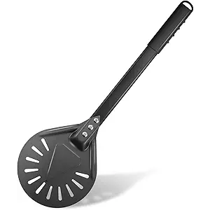 Pizza Turning Peel, 8-inch Pizza Peel Turner Spinner, Long Handle Perforated Aluminum Pizza Peel with Silicone Hook, Pizza Oven Accessories Black