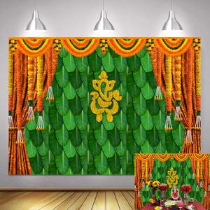 75FT Hindu Festivals Photography Backdrop Family Party Birthday Banner Green Banana Leaf Wedding Party Decorations Tapestry Photo Booth Props